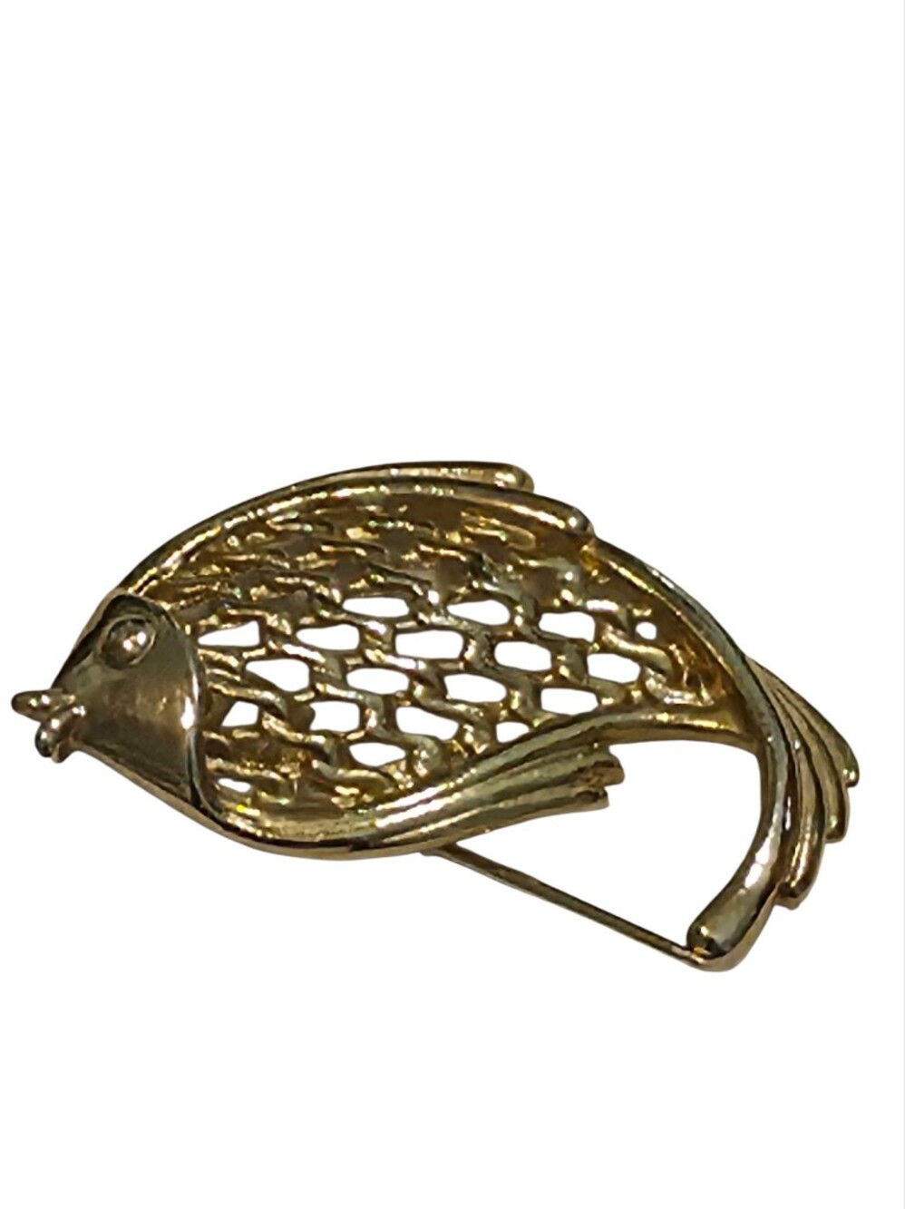 Vintage Gold Tone Fish Brooch Openwork Mesh Taiwan Statement Pin Retro